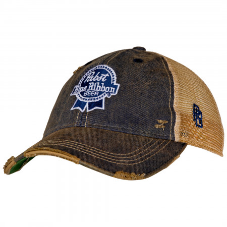 Pabst Blue Ribbon Logo Patch Distressed Tea-Stained Adjustable Hat